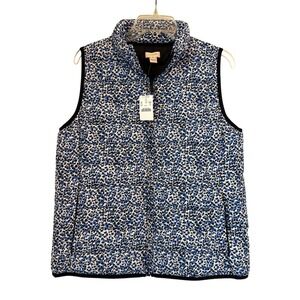 J.Crew Blue Leopard Print Quilted Puffer Vest Womens Medium B9330 Full Zip NWT